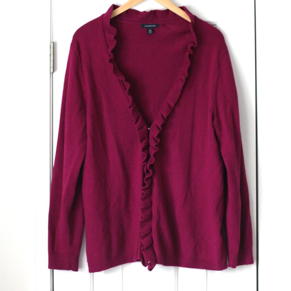 Land's End fuschia ruffle sweater long sleeve wool